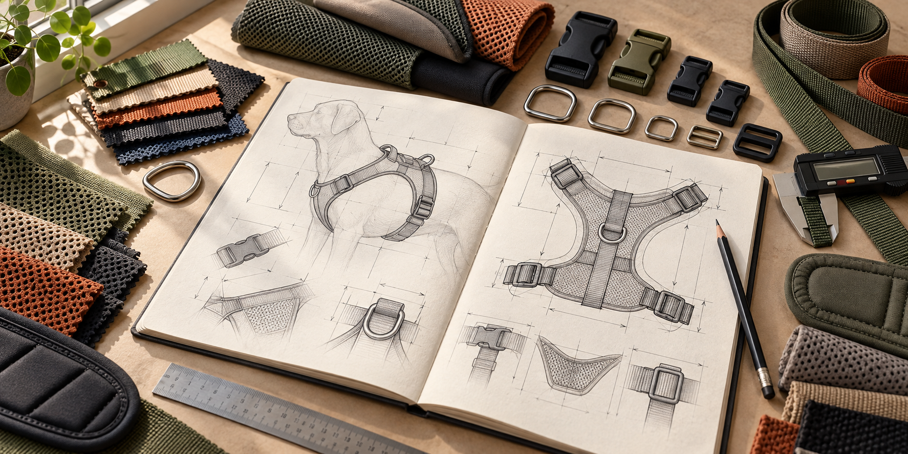 Dog harness designer sketchbook with material swatches and calipers
