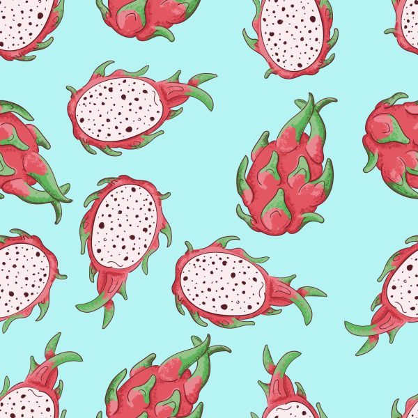 Summerr seamless pattern with tropical fruit. Vector illustration. Red dragonfruit.