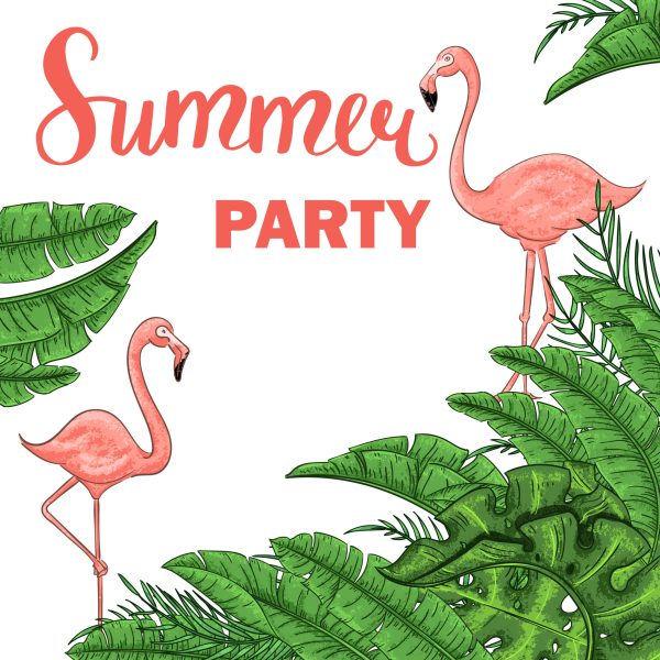 Tropical summer arrangement with flamingos, palm leaves and exotic fruts. Vector illustration.